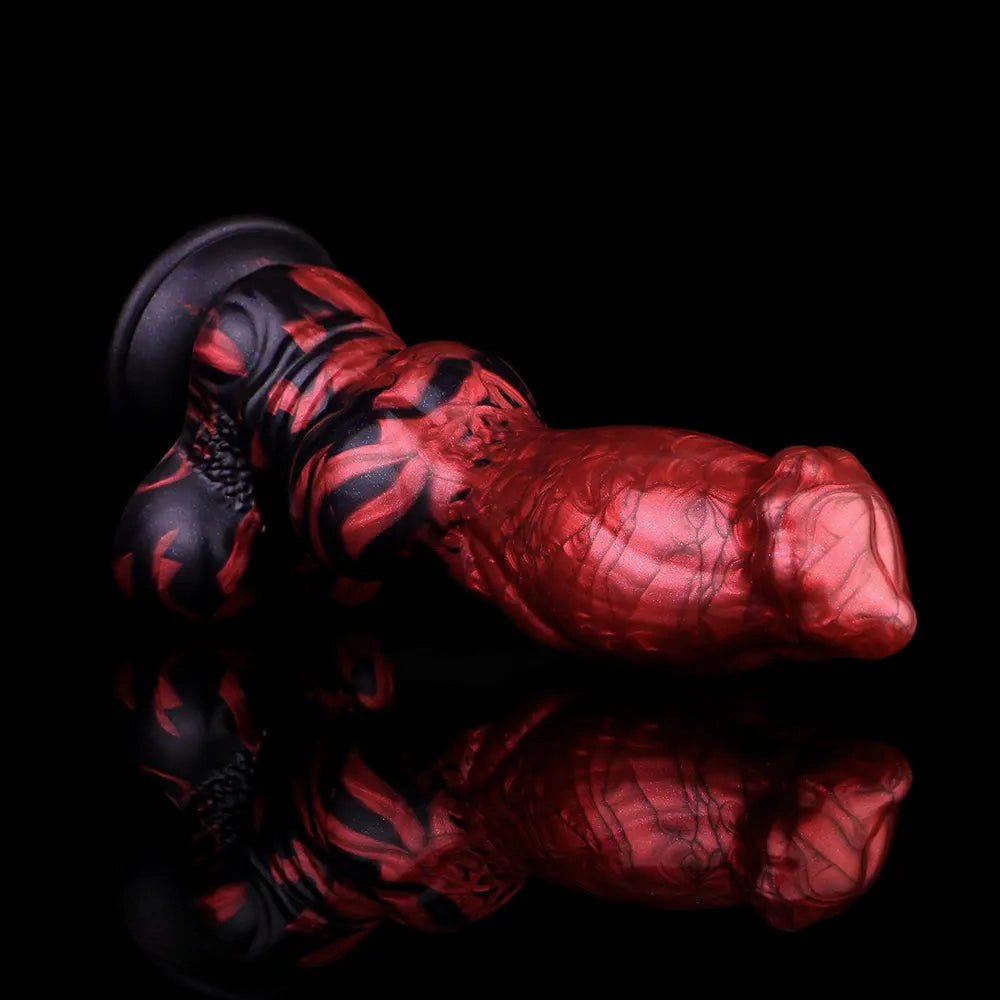 Red and black marbled silicone knotted animal dildo, photo 10