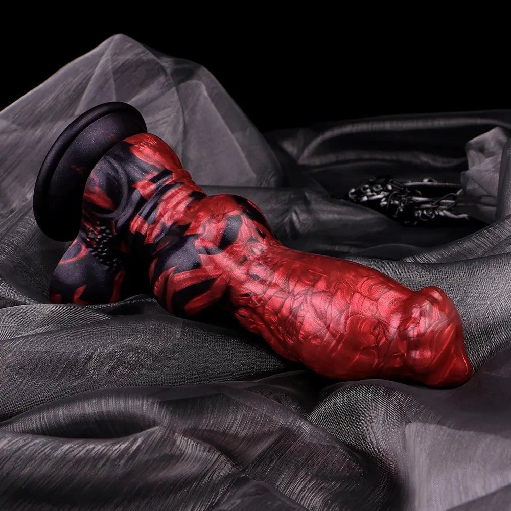 Red and black marbled silicone knotted animal dildo, photo 14