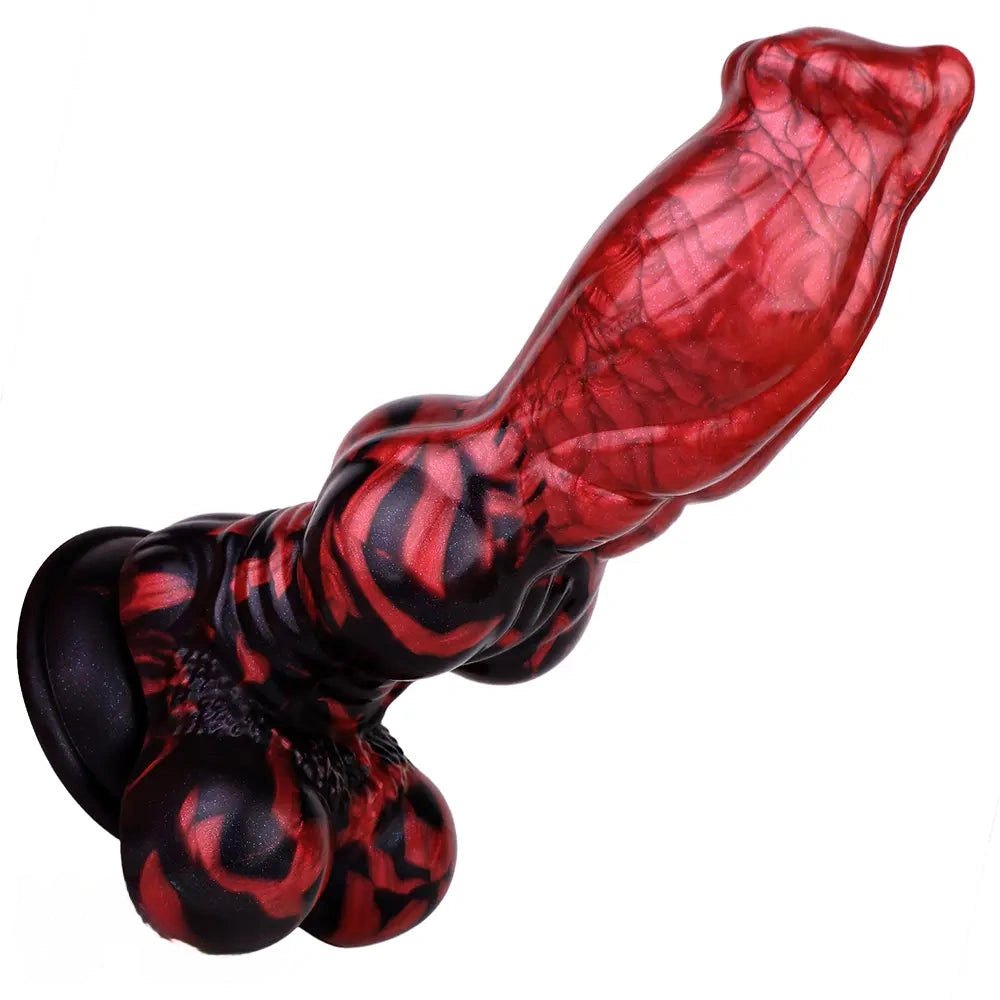 Red and black marbled silicone knotted animal dildo, photo 3