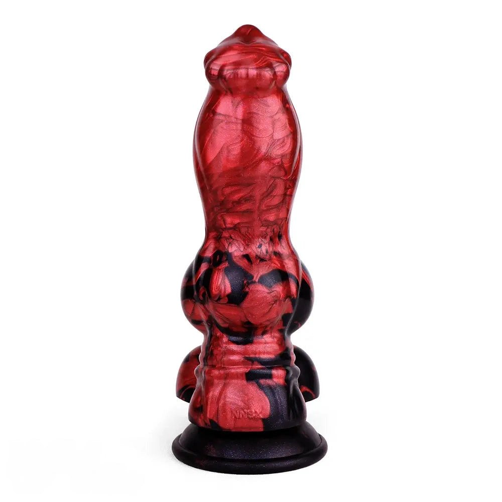 Red and black marbled silicone knotted animal dildo, photo 4