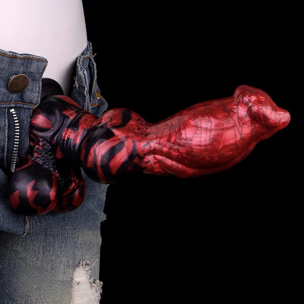 Red and black marbled silicone knotted animal dildo, photo 5
