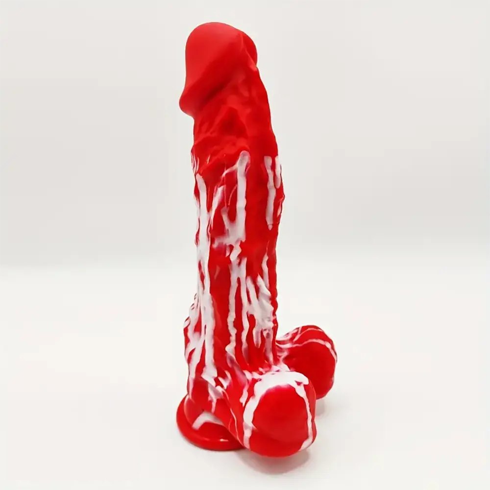 Red and white marbled suction cup dildo, photo 1