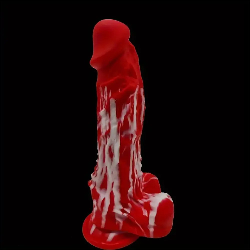 Red and white marbled suction cup dildo, photo 5