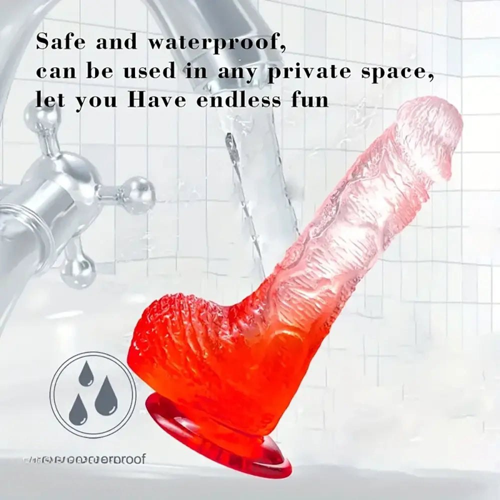 Red ombre TPE realistic dildo with suction cup base, photo 2