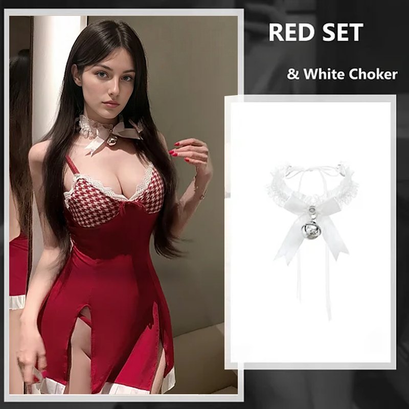 Red & Neck Ring Set red plaid satin lace nightdress