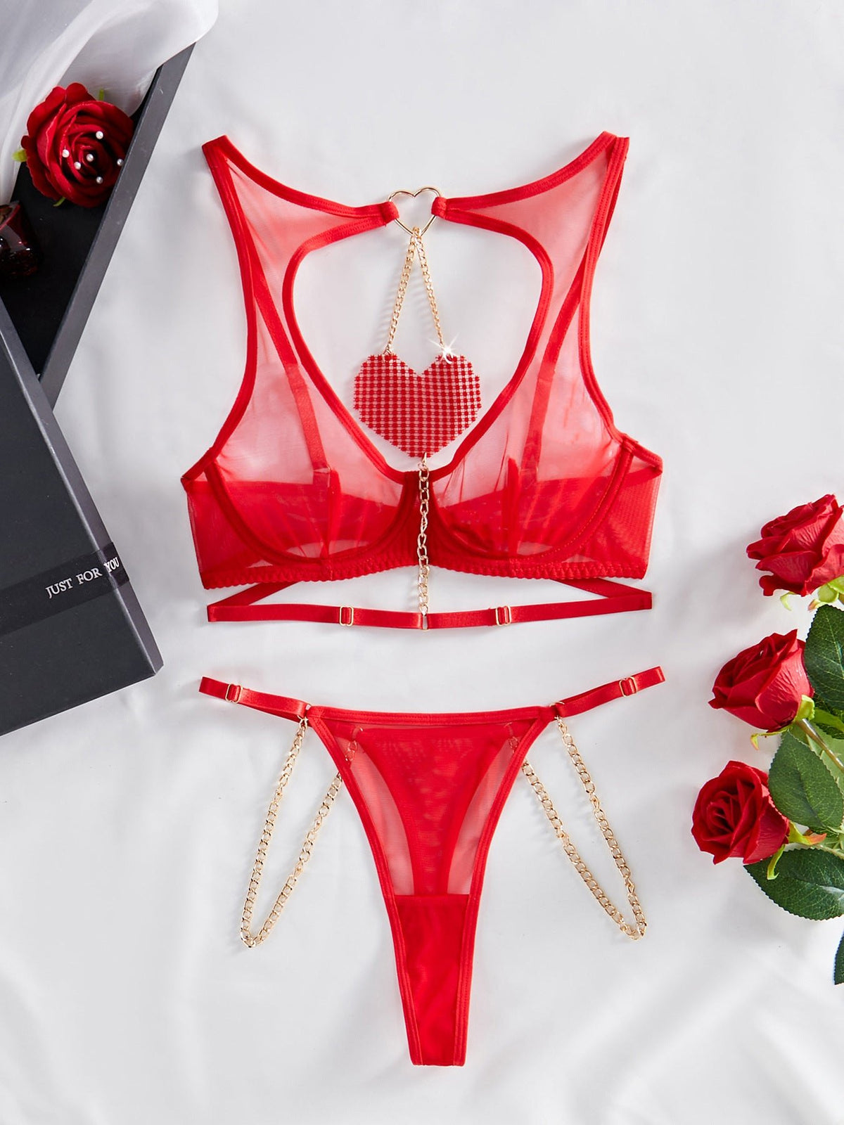 Red rhinestone chain mesh bra set, photo 5