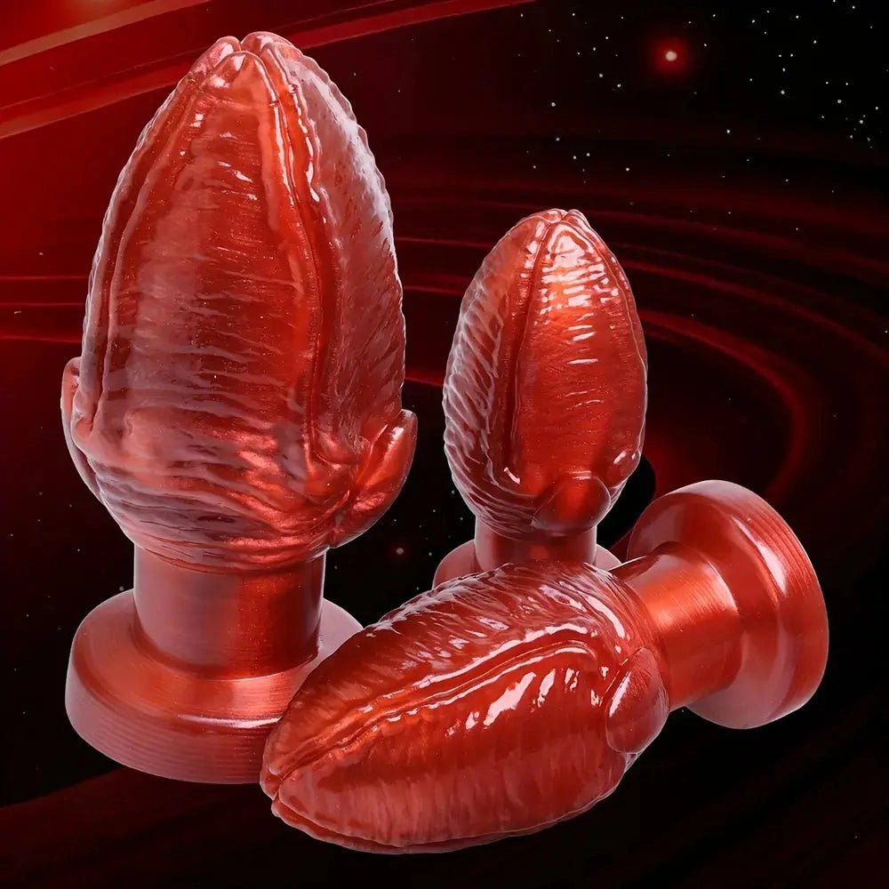 Red ribbed anal plug, photo 1