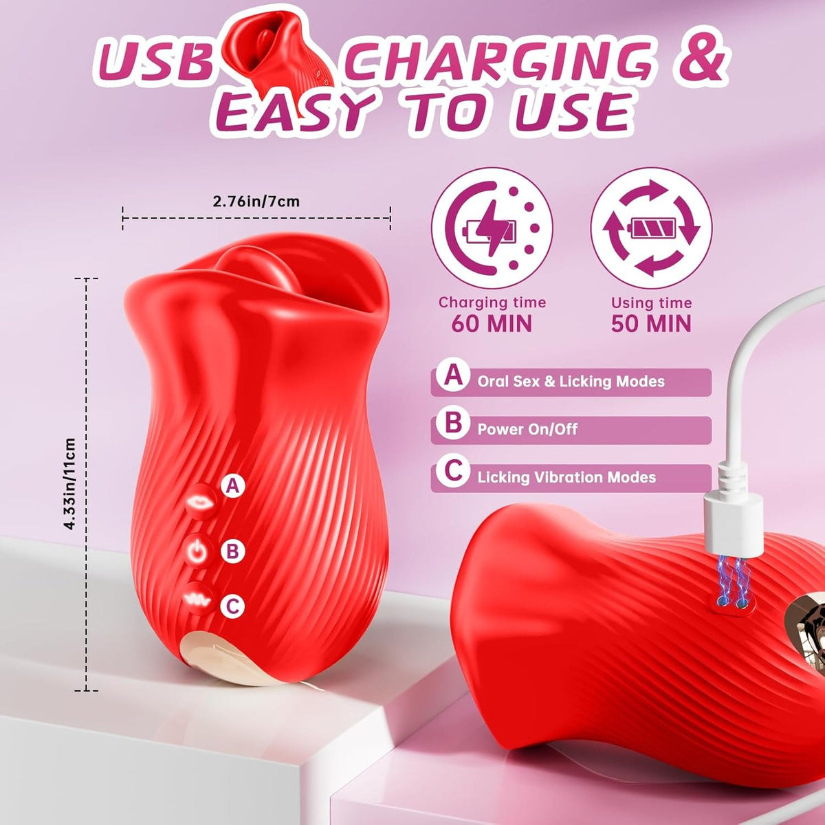 Red rose shaped tongue licking clitoral vibrator, photo 6