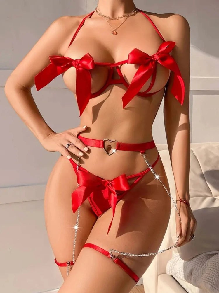 Red red satin bow chain bra set