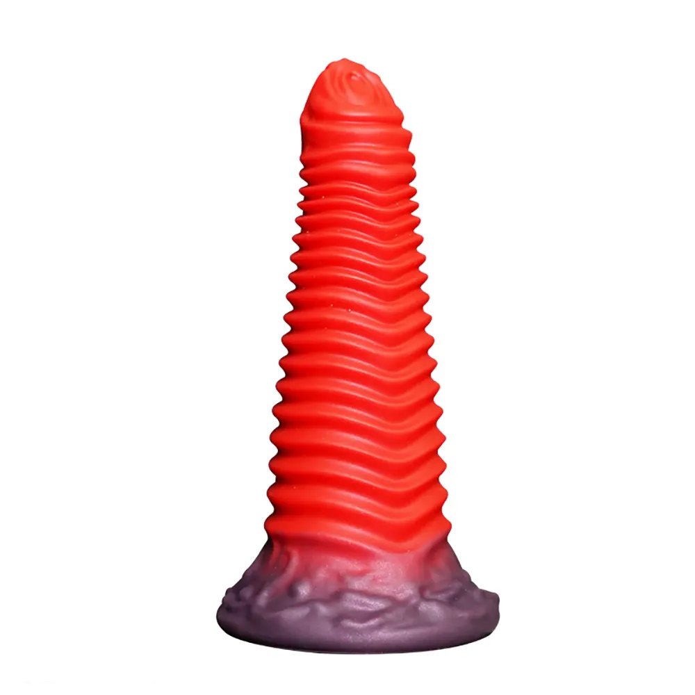 Red spiral ribbed fantasy dildo with dark base, photo 1