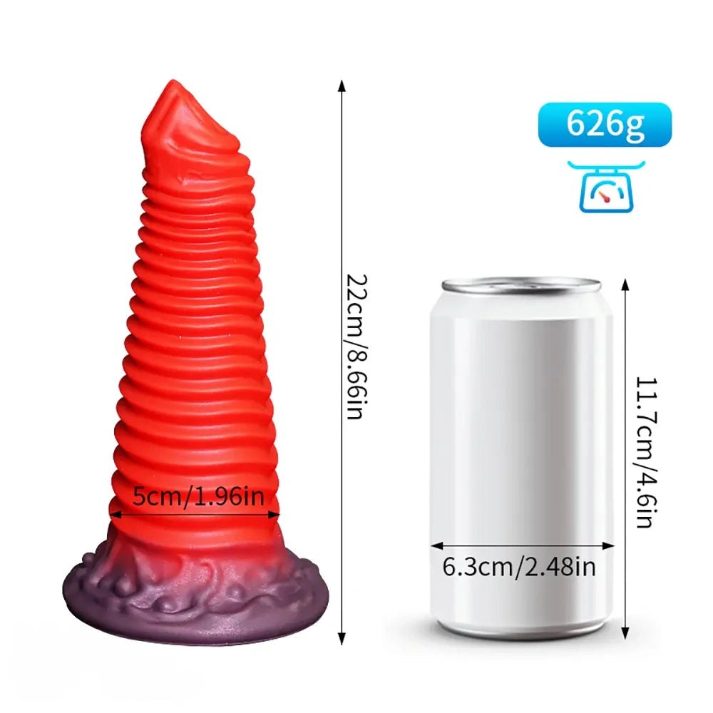 Red spiral ribbed fantasy dildo with dark base, photo 2