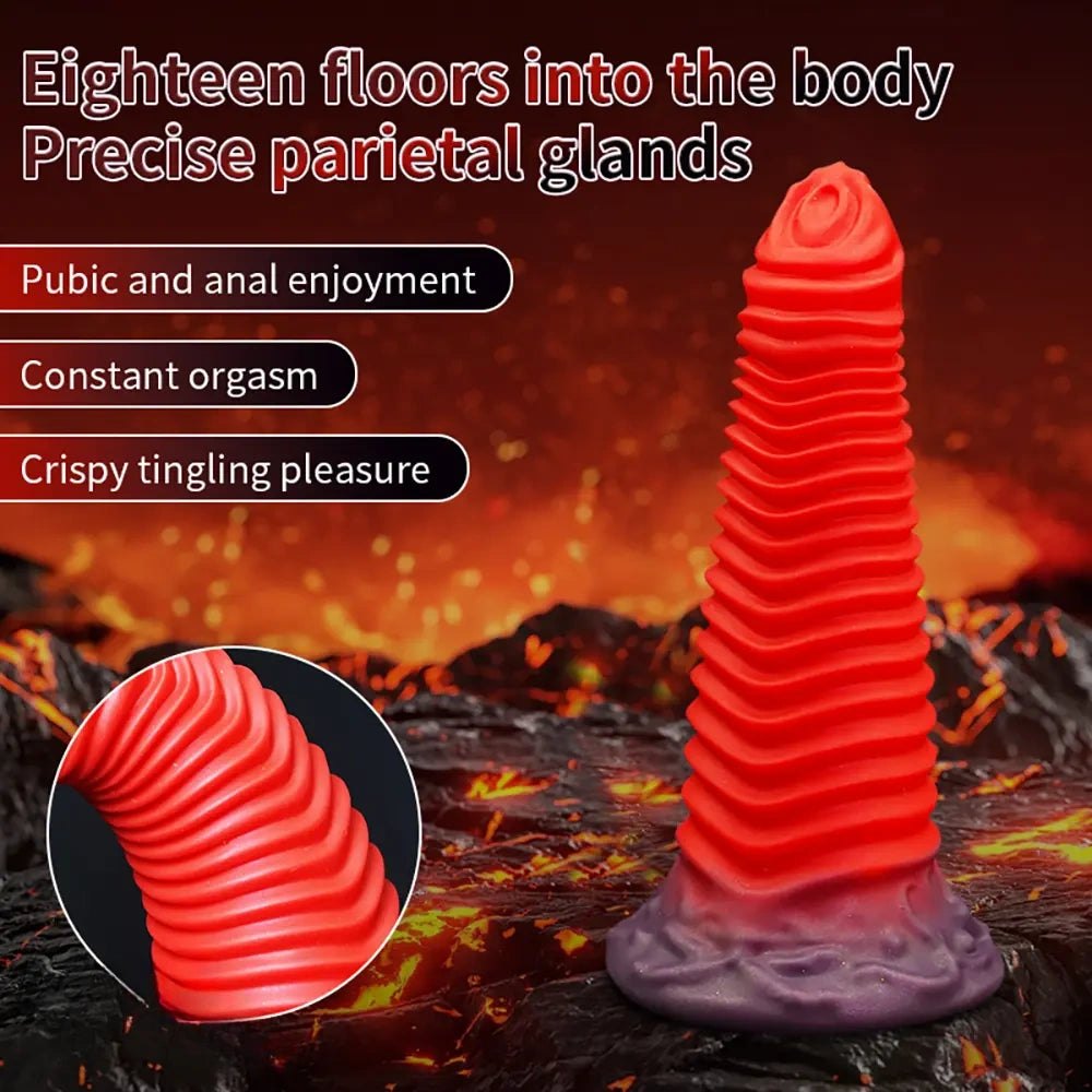 Red spiral ribbed fantasy dildo with dark base, photo 3