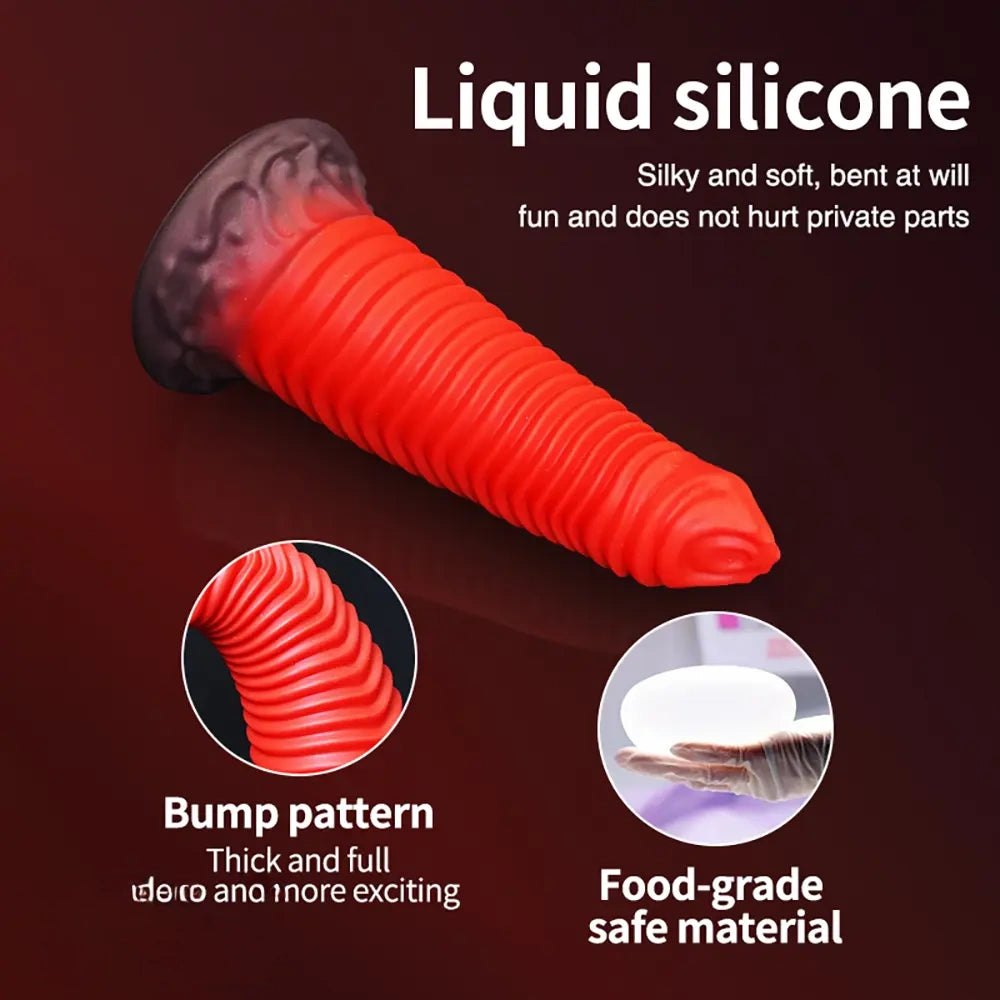 Red spiral ribbed fantasy dildo with dark base, photo 4