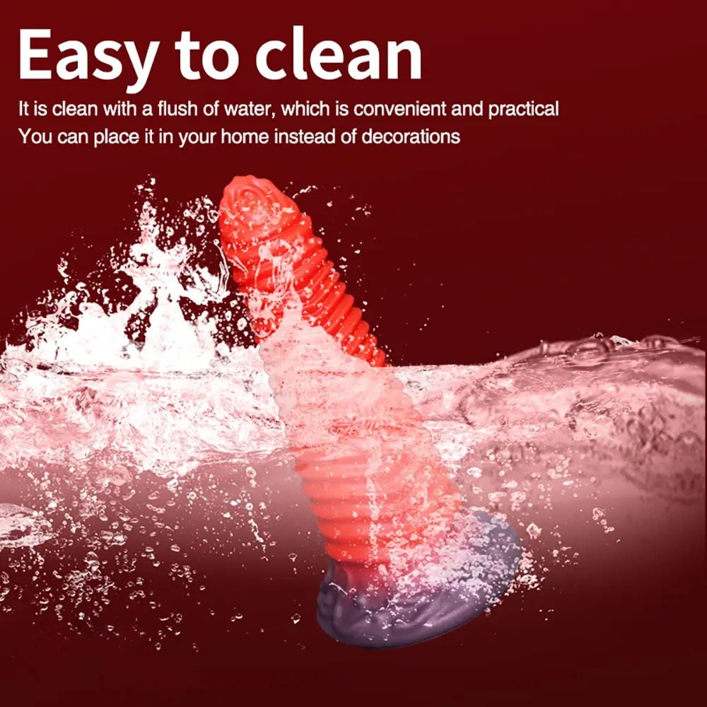 Red spiral ribbed fantasy dildo with dark base, photo 5