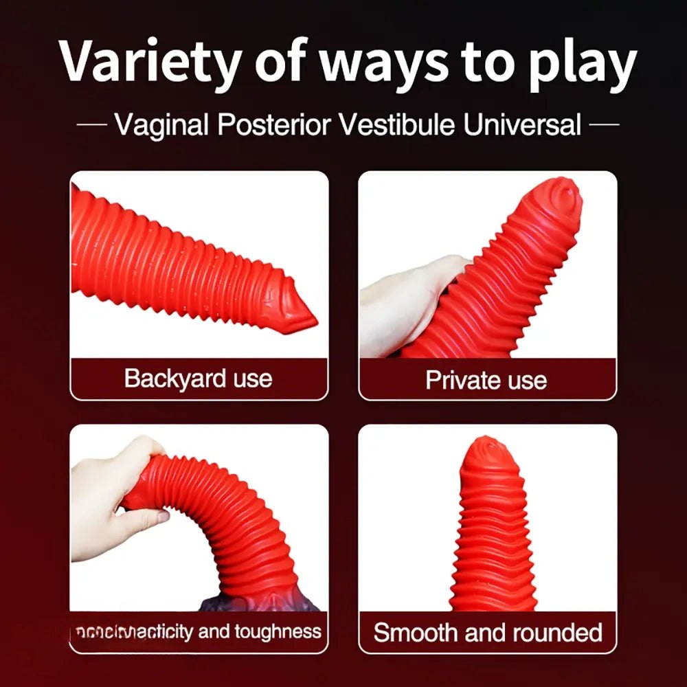 Red spiral ribbed fantasy dildo with dark base, photo 6