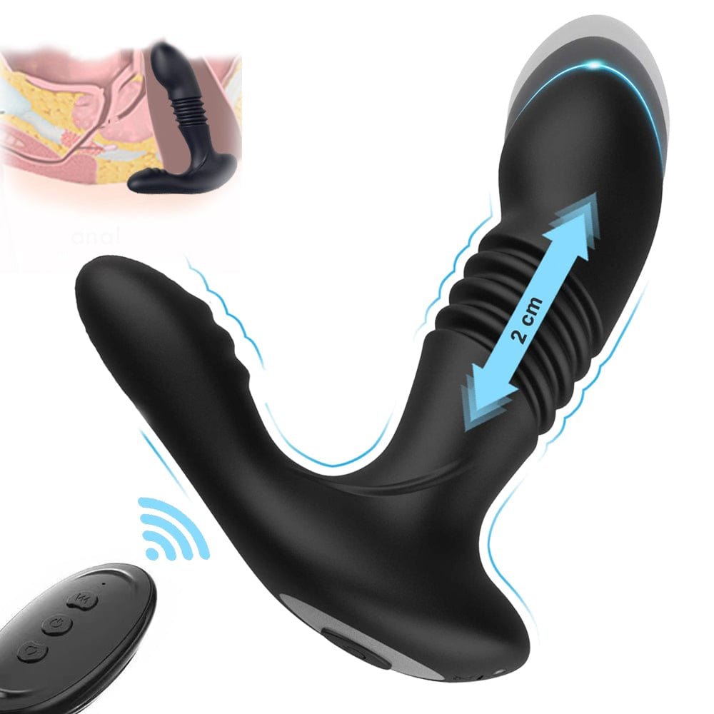 Black retractable prostate massager with remote control, photo 1