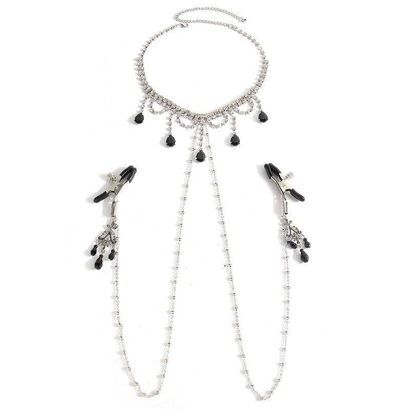 Silver rhinestone choker with black gem nipple clamps, photo 7