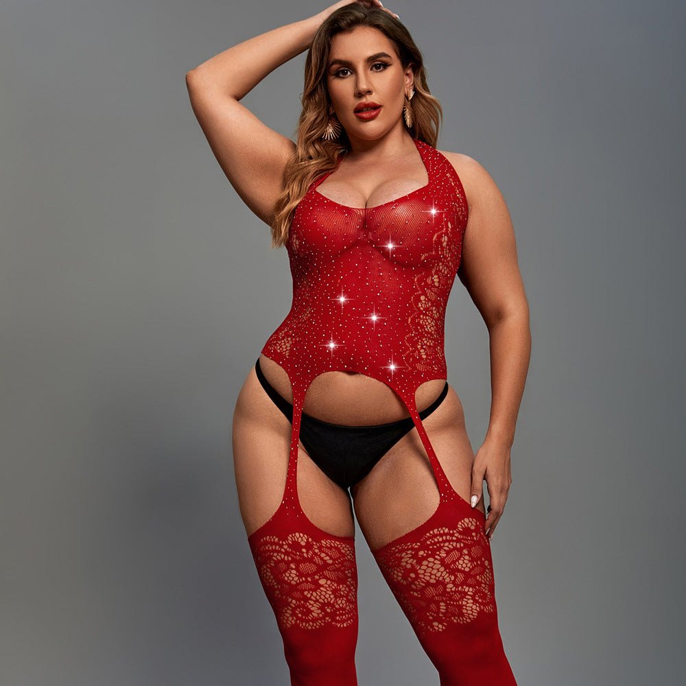 Red rhinestone cutout crotchless bodystocking red