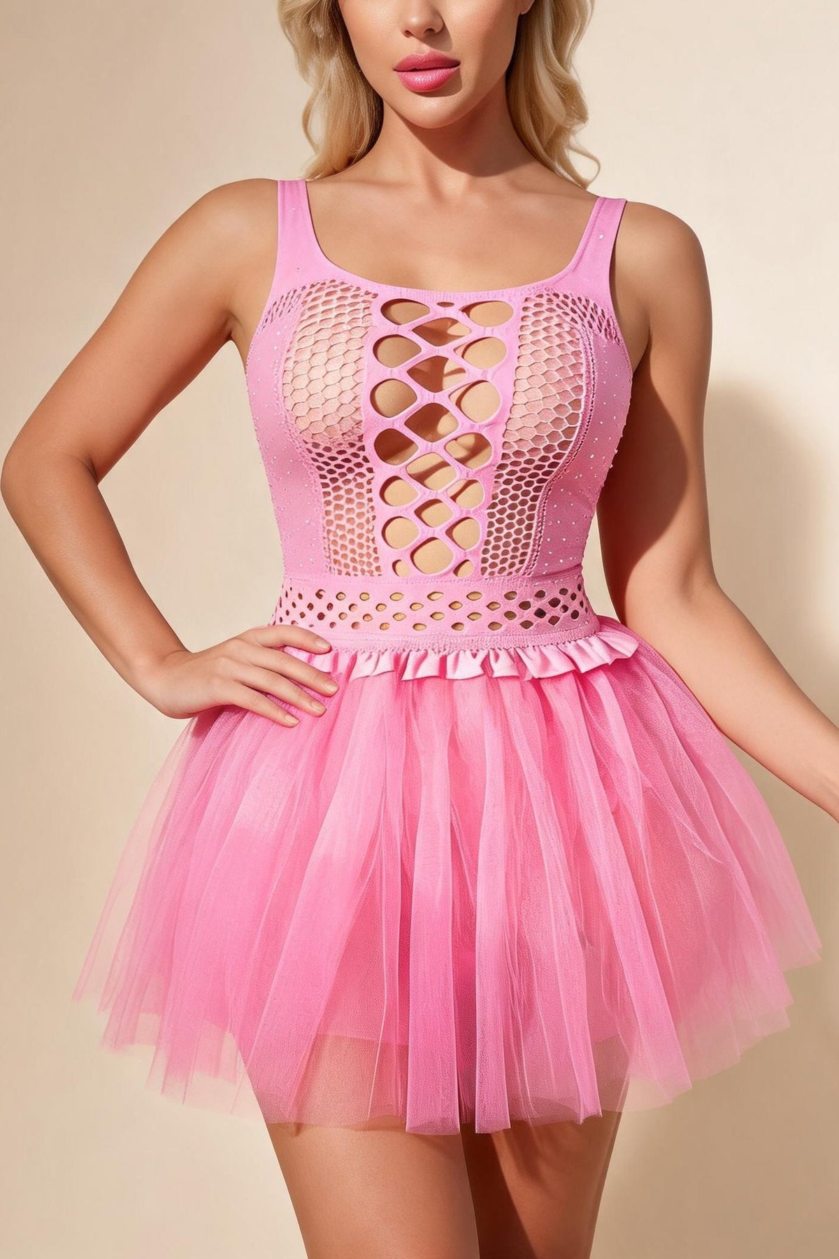 Pink rhinestone fishnet cutout tutu dress