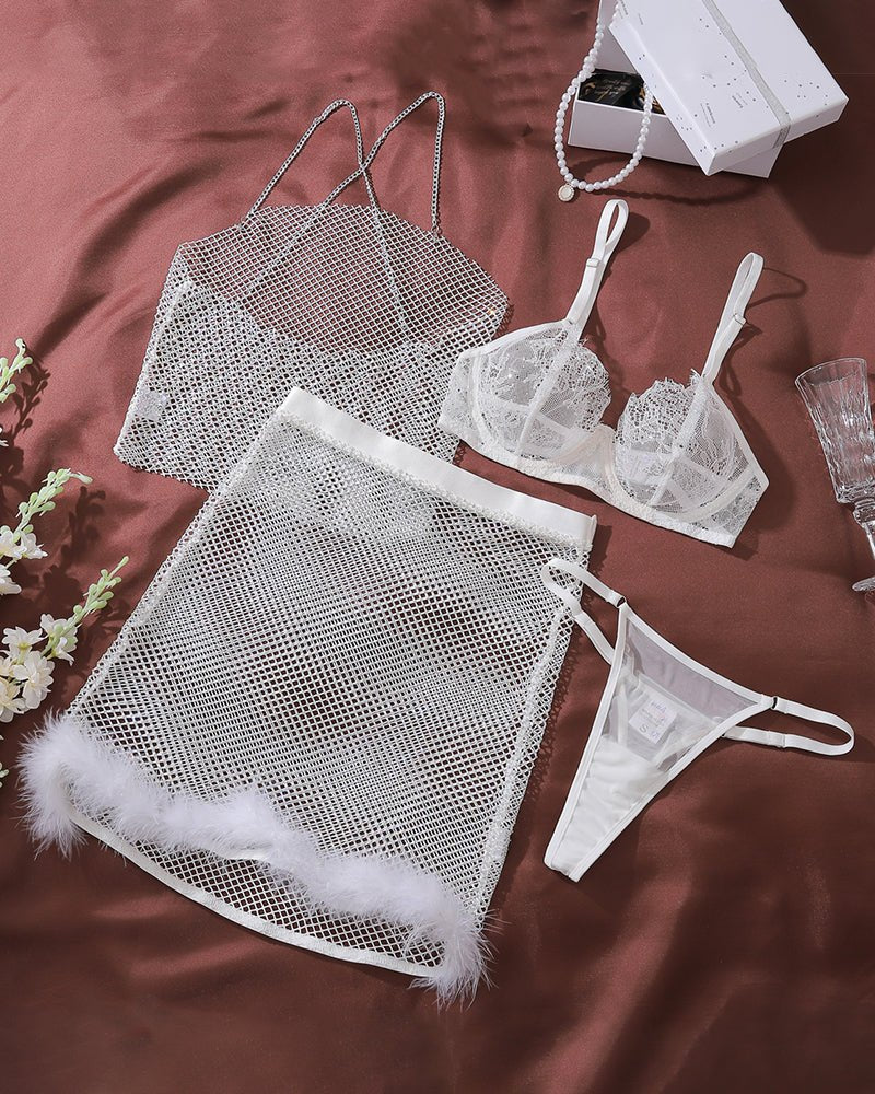 Rhinestone fishnet feather trim lingerie set, photo 6