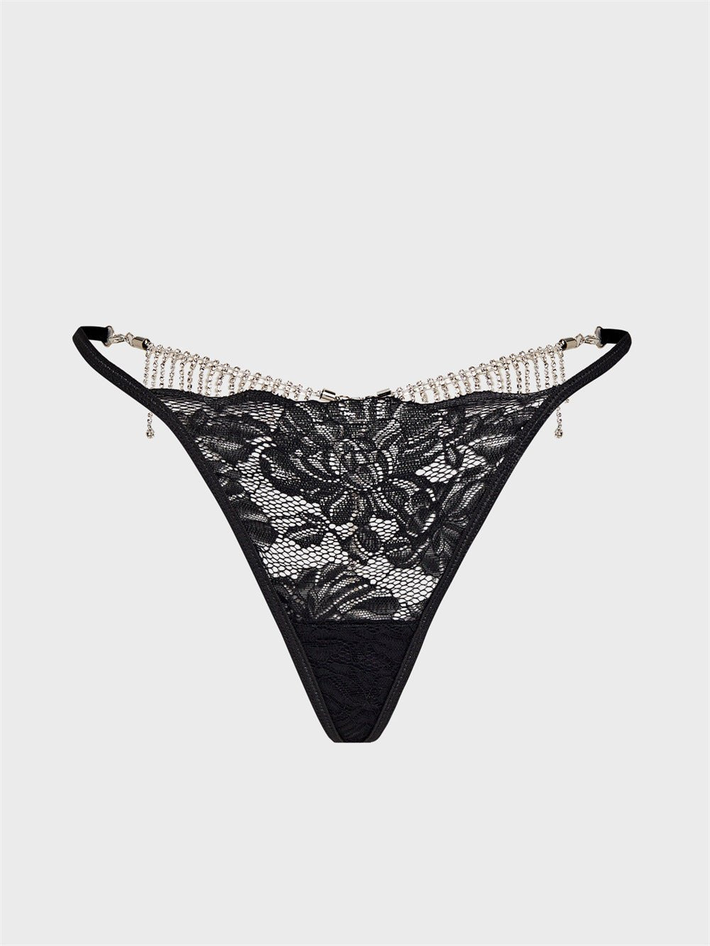 Black rhinestone fringe heart lace g string