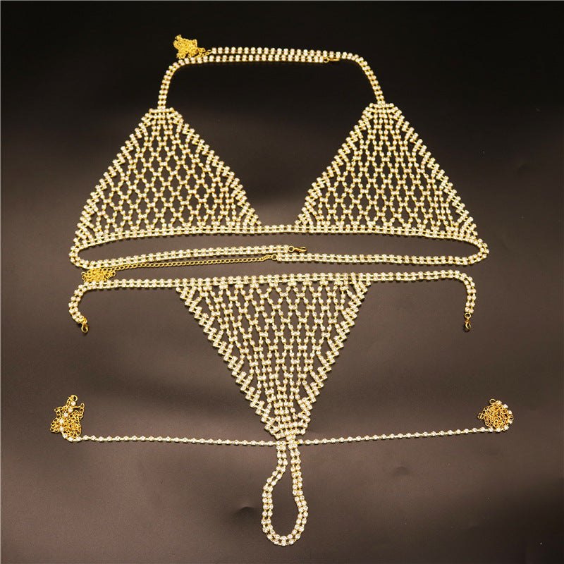 Gold rhinestone halter body chain bikini set