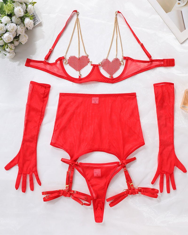 Rhinestone heart chain mesh garter set, photo 5