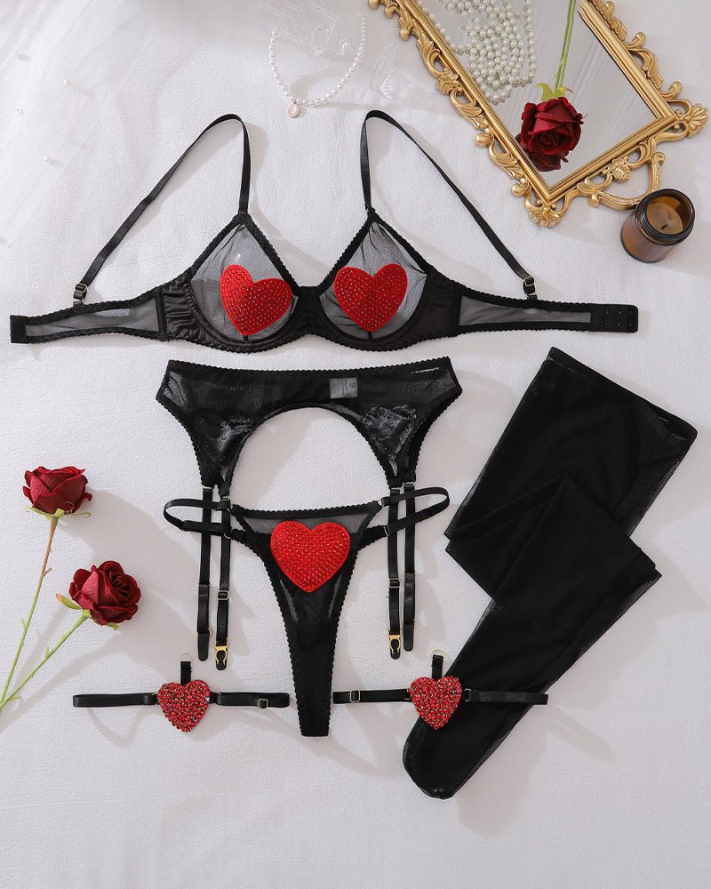 Rhinestone heart sheer mesh garter set, photo 6