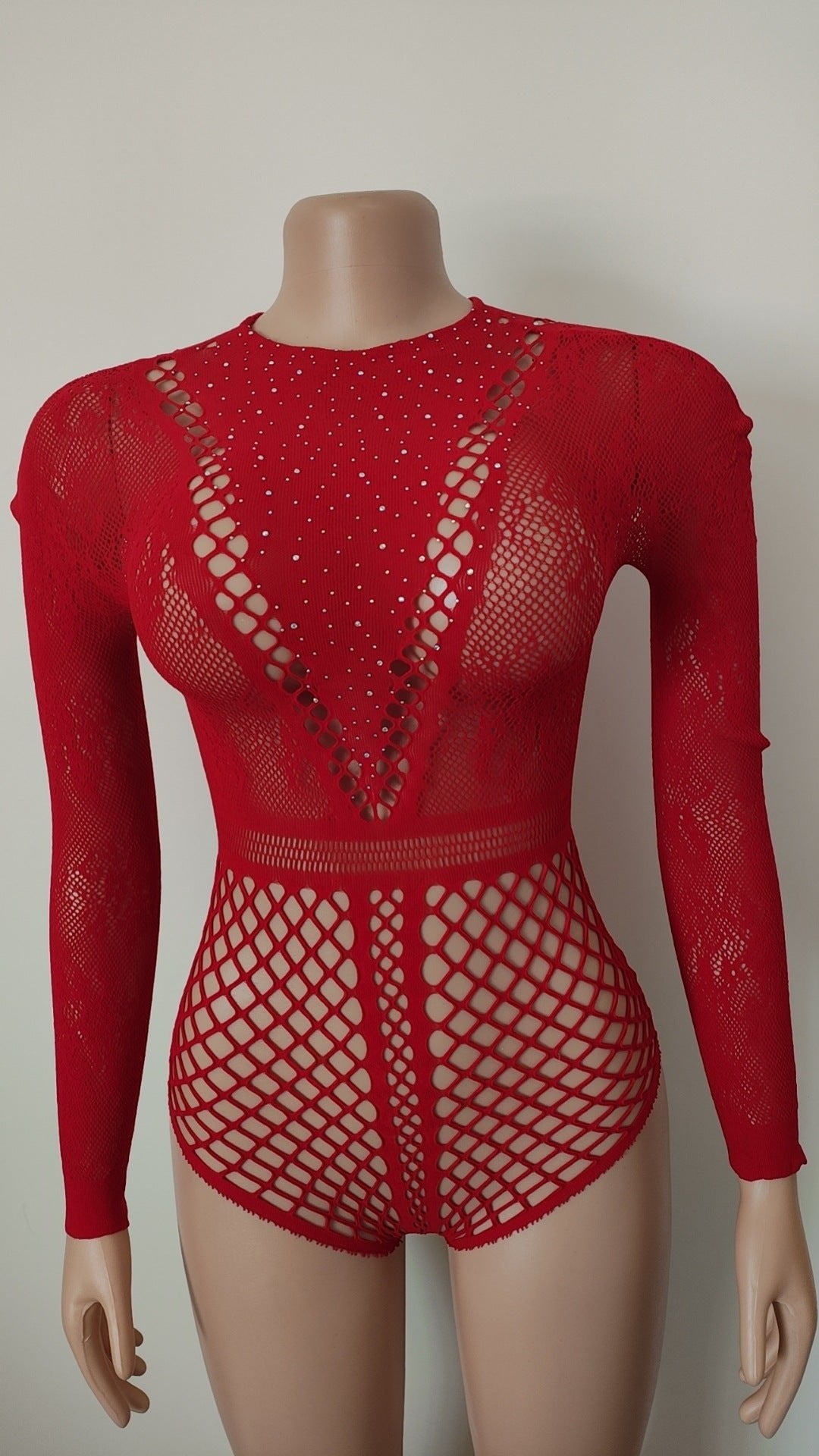 Red rhinestone hollow out long sleeve bodystocking