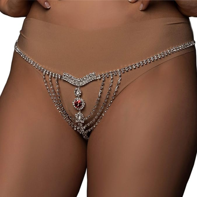 Silver rhinestone waist chain thong accessory