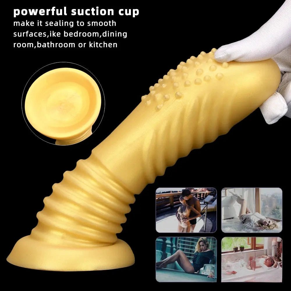 Gold ribbed silicone anal dildo, photo 3