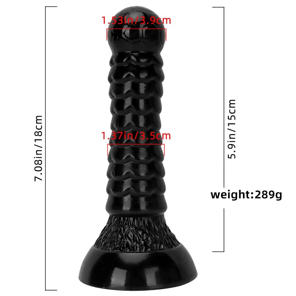 Black Ribbed PVC fantasy dildo with ball tip