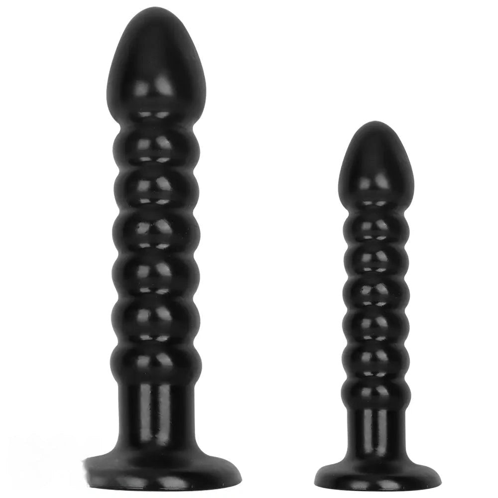 Ribbed black pvc anal bead dildo with suction cup base, photo 1