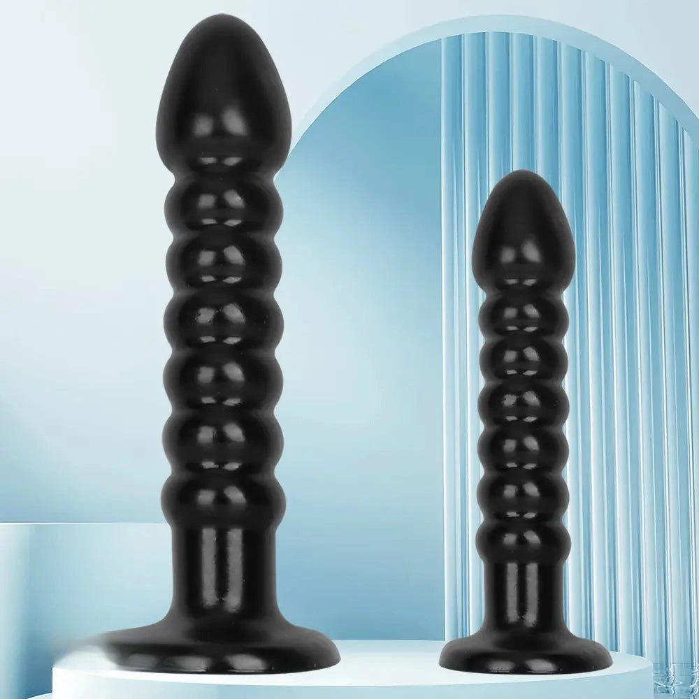 Ribbed black pvc anal bead dildo with suction cup base, photo 3