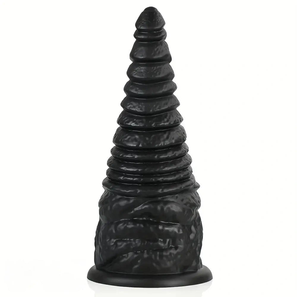 Black ribbed cone-shaped silicone anal plug with suction base, photo 1