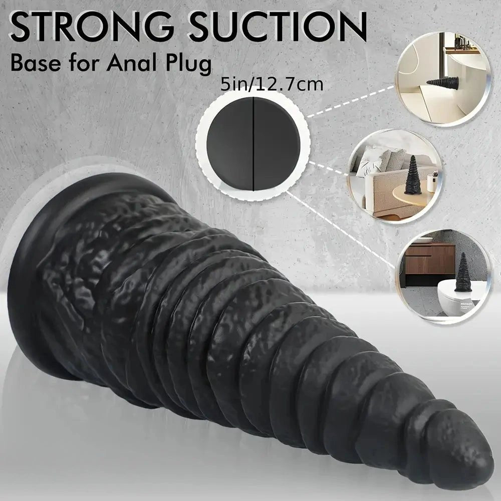 Black ribbed cone-shaped silicone anal plug with suction base, photo 2