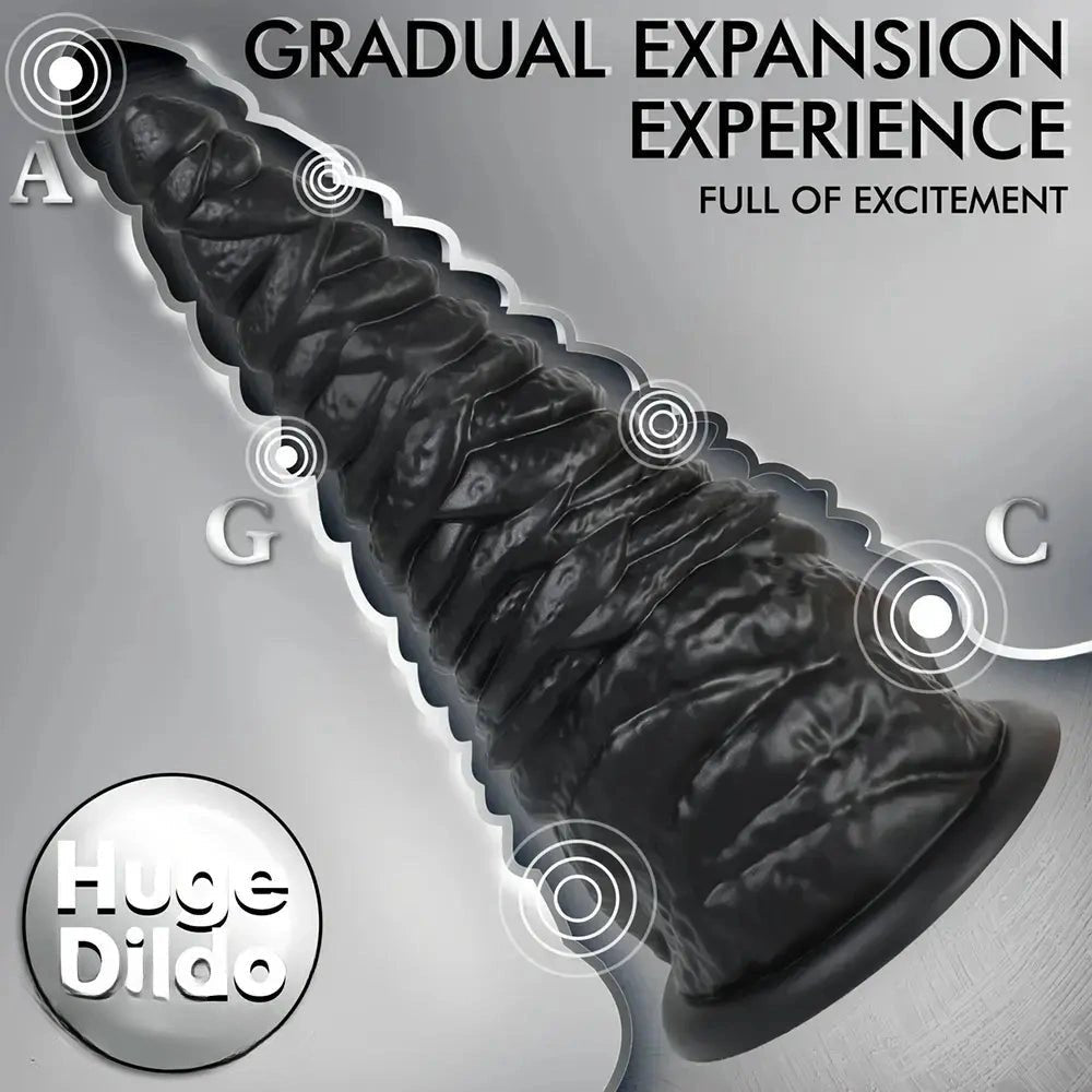 Black ribbed cone-shaped silicone anal plug with suction base, photo 4