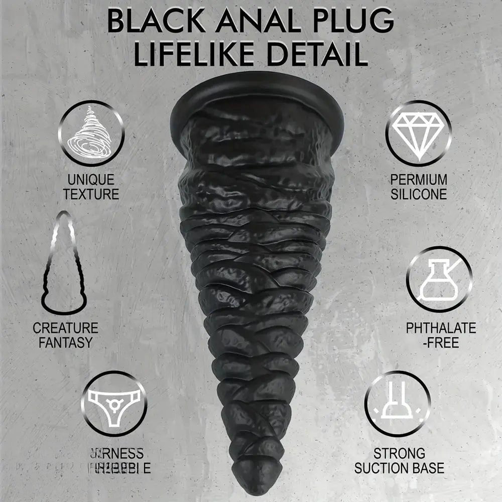 Black ribbed cone-shaped silicone anal plug with suction base, photo 6