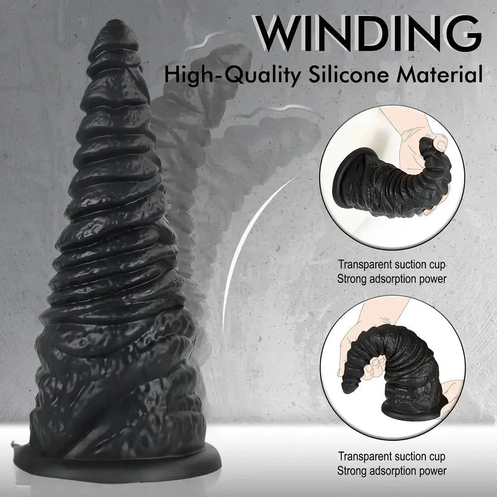 Black ribbed cone-shaped silicone anal plug with suction base, photo 7
