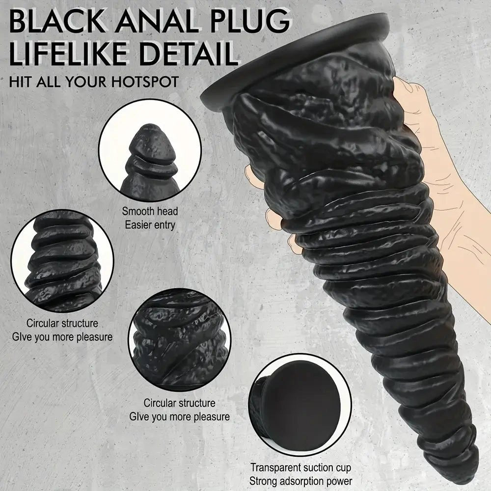 Black ribbed cone-shaped silicone anal plug with suction base, photo 8