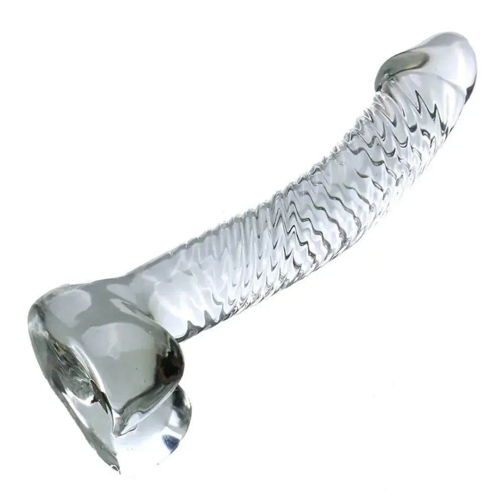 Clear ribbed curved glass dildo, photo 1
