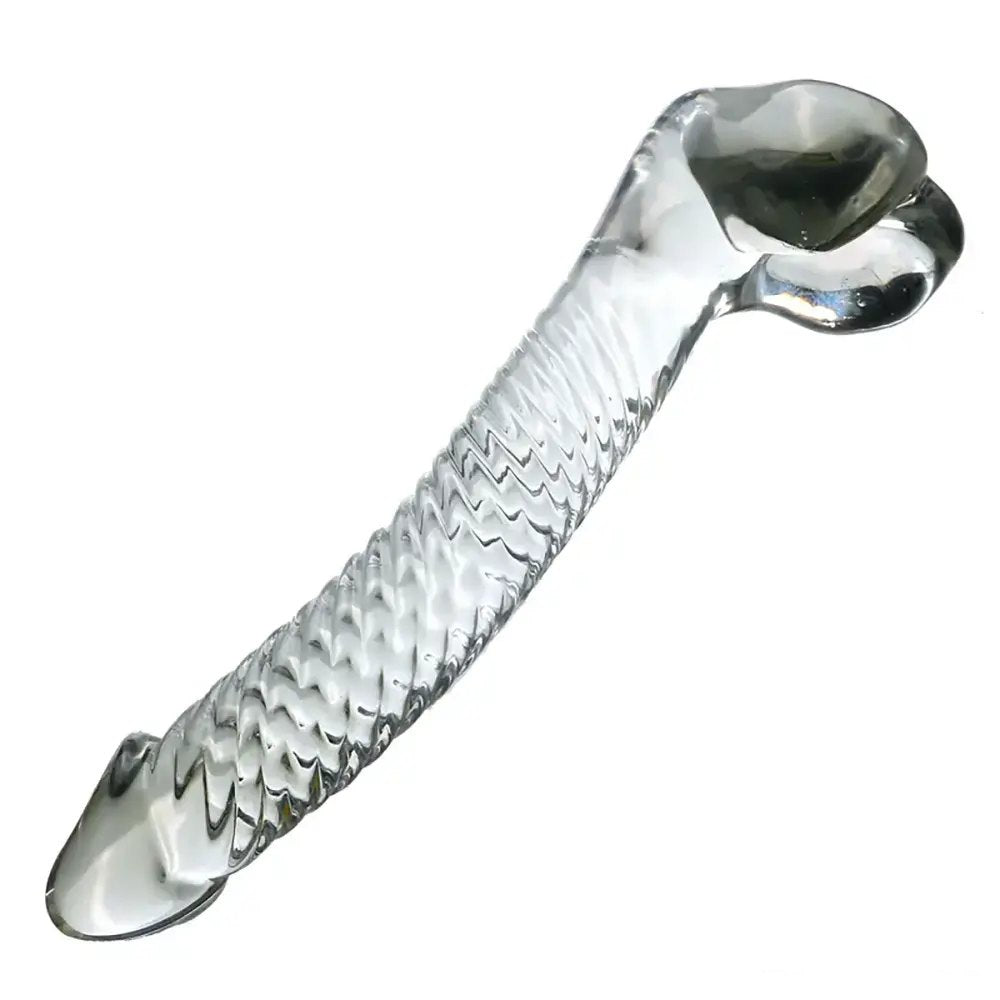 Clear ribbed curved glass dildo, photo 2