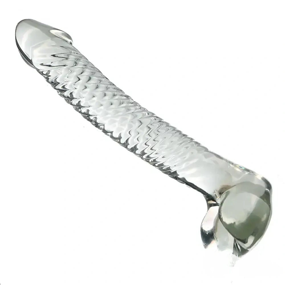 Clear ribbed curved glass dildo, photo 3