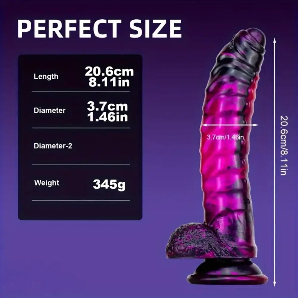 A metallic swirl ribbed curved silicone dildo