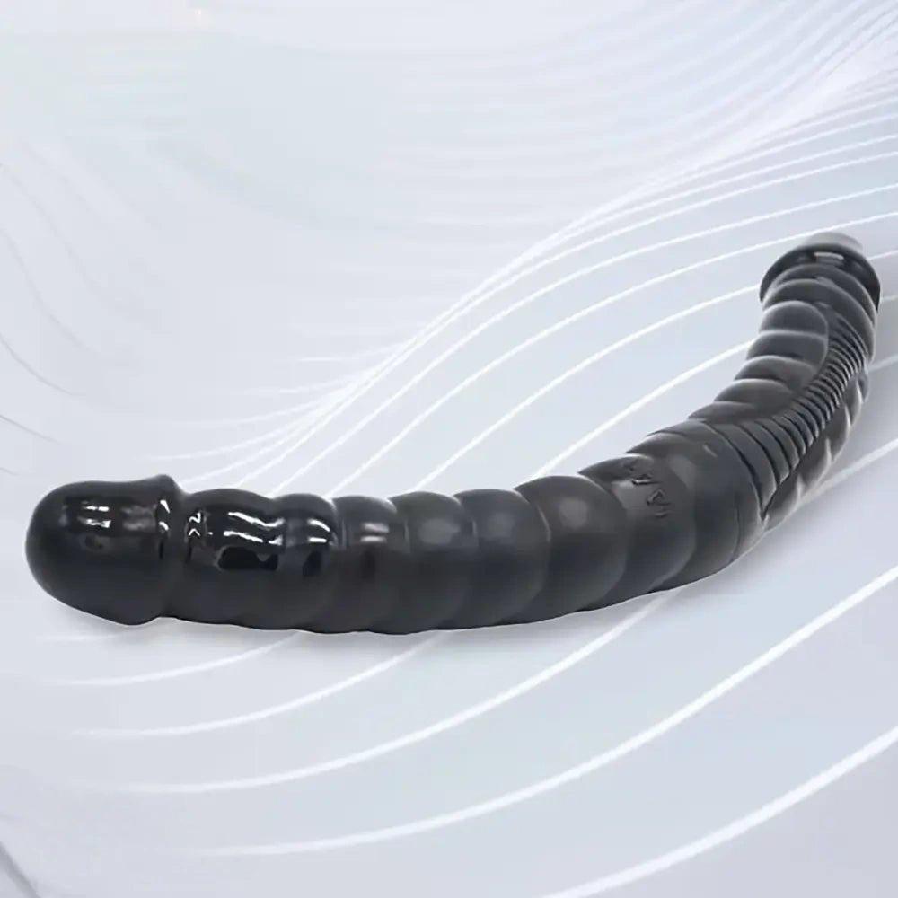 Black ribbed double end pvc dildo