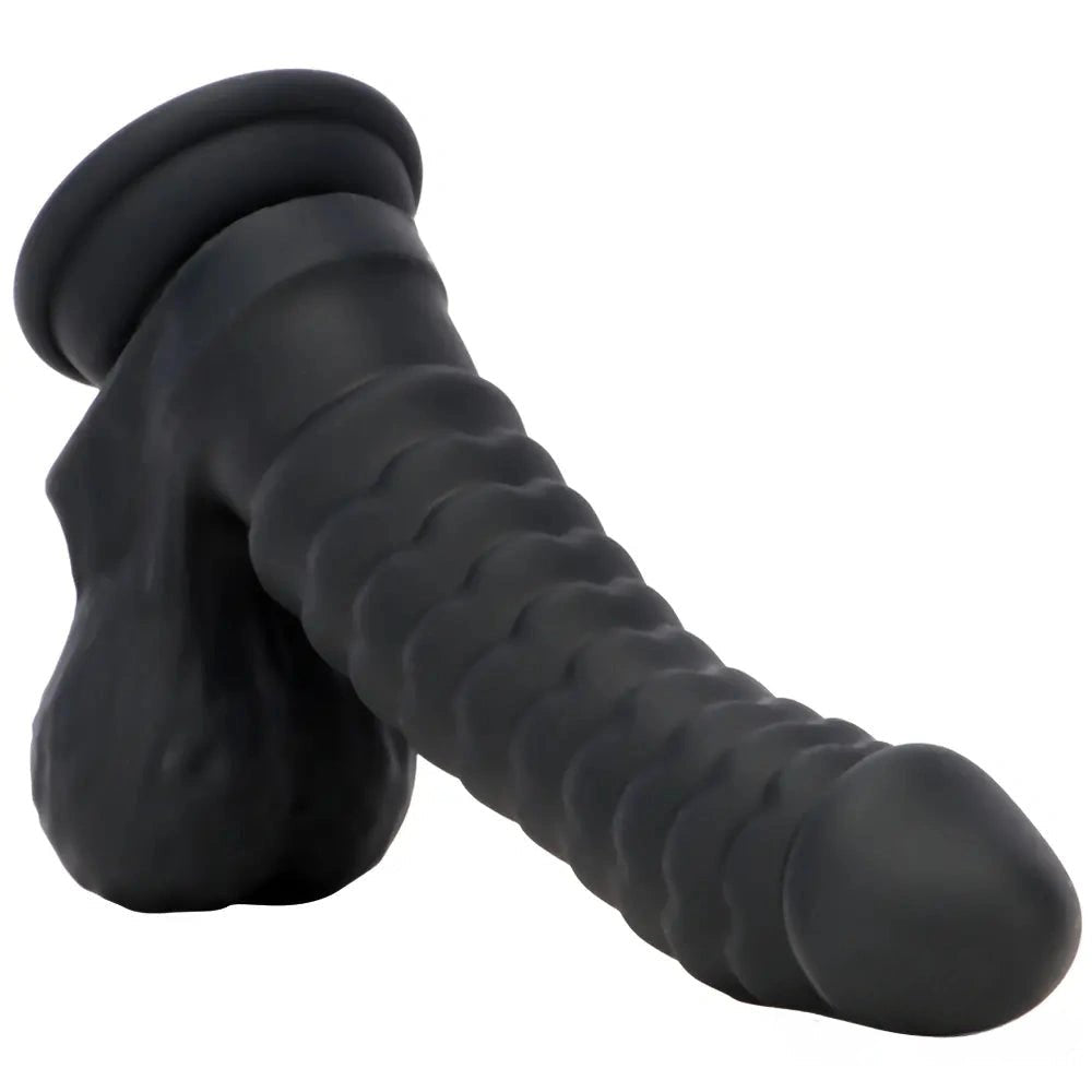 Black ribbed silicone g-spot dildo, photo 12