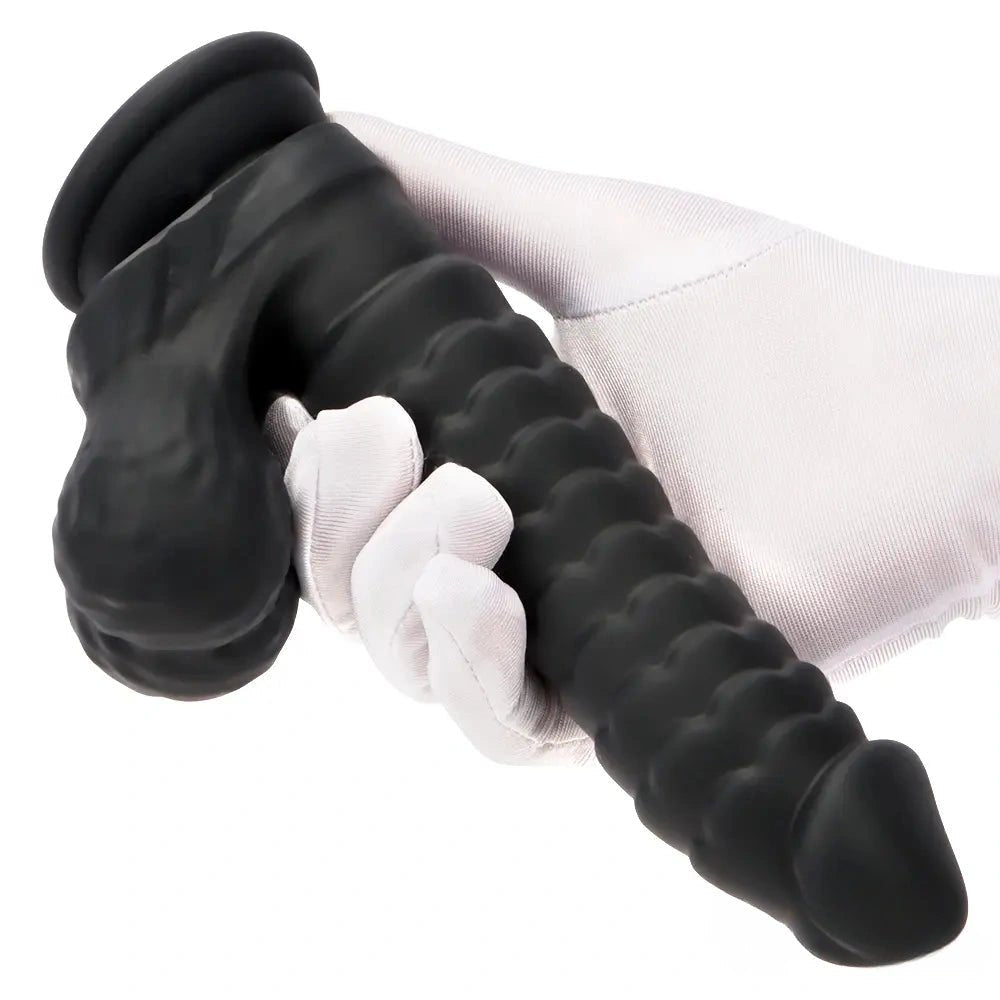 Black ribbed silicone g-spot dildo, photo 15