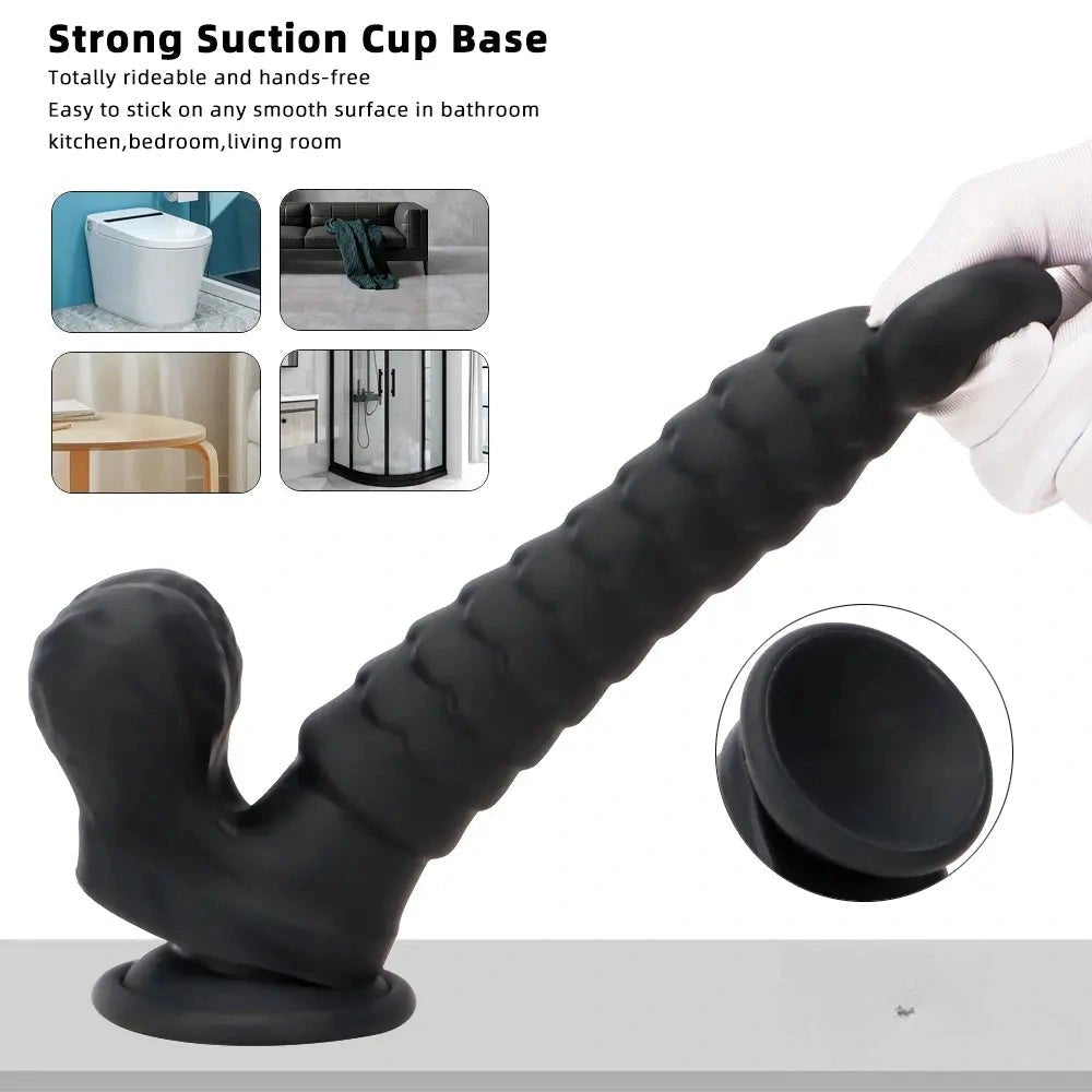Black ribbed silicone g-spot dildo, photo 4