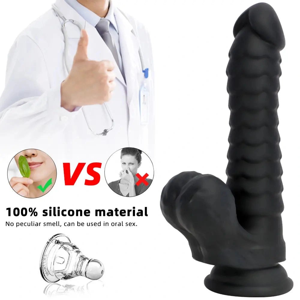 Black ribbed silicone g-spot dildo, photo 5