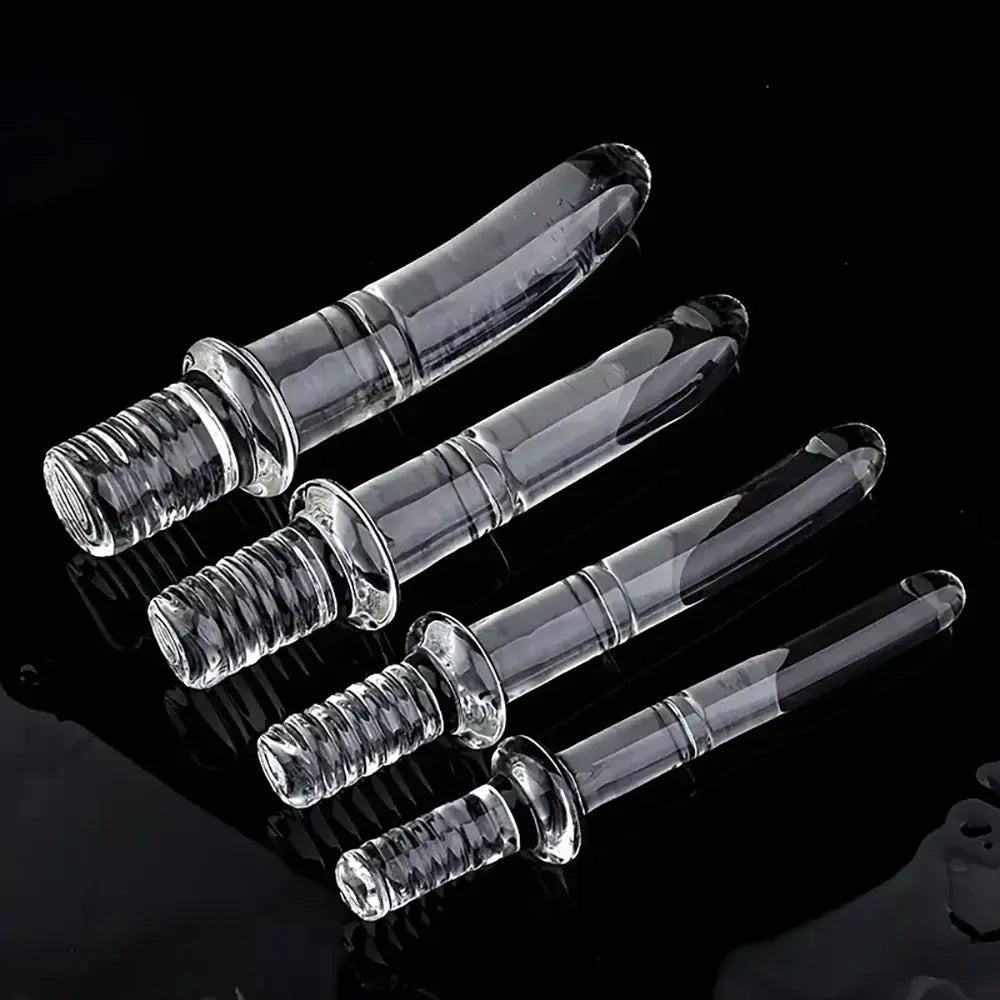 Clear ribbed glass dildo with ring handle, photo 1